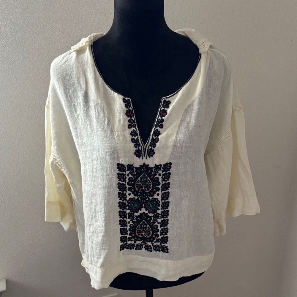 Plenty by Tracy Reese Embroidered boho ivory boxy split neck‎ lace collar Top